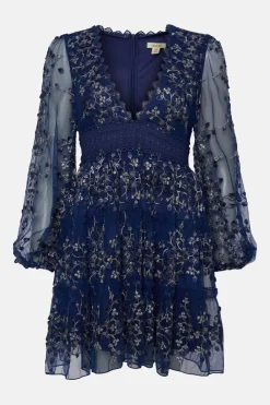 New Oasis Floral Embroidered Tulle V Neck Skater Dress Navy