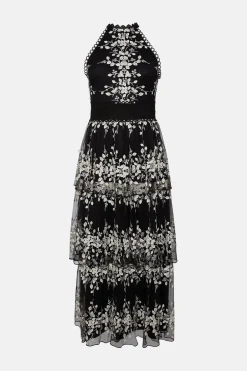 Discount Oasis Floral Embroidered Tulle Tiered Halter Midi Dress Navy