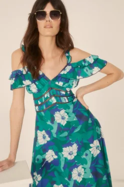 Outlet Oasis Floral Frill Lace Trim Midaxi Dress Bright Green