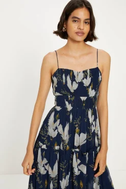 Outlet Oasis Floral Gathered Tiered Strappy Midi Dress Navy