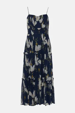 Outlet Oasis Floral Gathered Tiered Strappy Midi Dress Navy