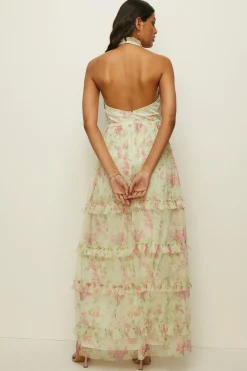Clearance Oasis Floral Halter Neck Tiered Mesh Maxi Dress Sage