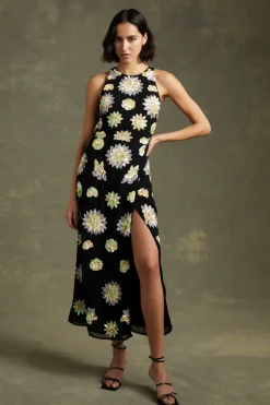 New Oasis Floral Hand Embellished Halter Neck Midi Dress Black