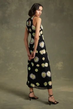 New Oasis Floral Hand Embellished Halter Neck Midi Dress Black