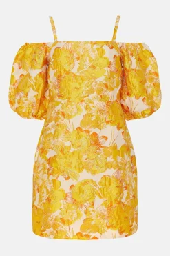 Online Oasis Floral Jacquard Bardot Strap Aline Dress Gold