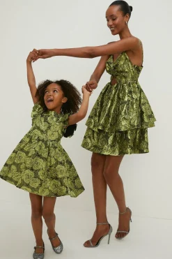 Hot Oasis Floral Jacquard Cut Out Tiered Mini Dress Green