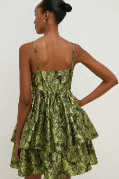 Hot Oasis Floral Jacquard Cut Out Tiered Mini Dress Green