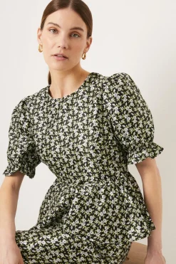 New Oasis Floral Jacquard Peplum Top Black