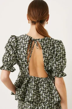 New Oasis Floral Jacquard Peplum Top Black