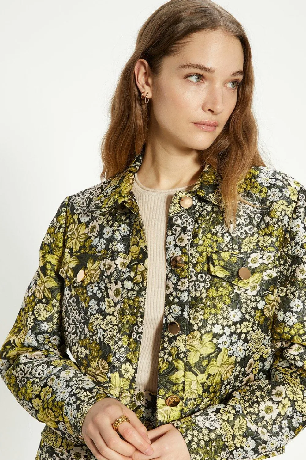 New Oasis Floral Jacquard Pocket Detail Trucker Jacket Multi