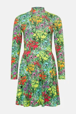 Best Oasis Floral Jersey Funnel Neck Long Sleeve Mini Dress Multi