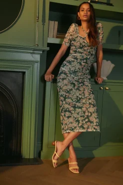 Discount Oasis Floral Keyhole Front Mesh Midi Dress Multi