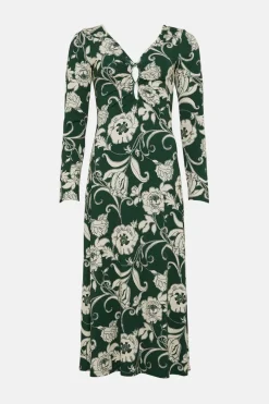 Outlet Oasis Floral Keyhole Front Midi Dress Green