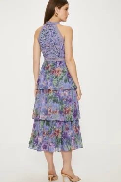 Best Oasis Floral Lace Halter Neck Tiered Midi Dress Purple