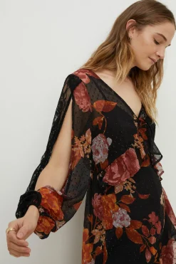 Discount Oasis Floral Lace Mix Split Sleeve Midi Dress Multi