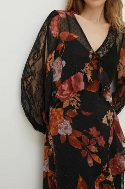 Discount Oasis Floral Lace Mix Split Sleeve Midi Dress Multi