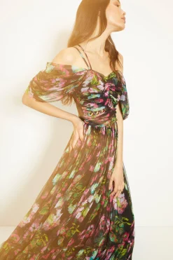 Best Oasis Floral Lattice Tuille Drape Shoulder Midi Dress