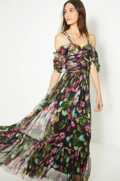 Best Oasis Floral Lattice Tuille Drape Shoulder Midi Dress