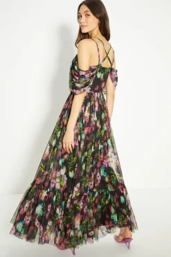 Best Oasis Floral Lattice Tuille Drape Shoulder Midi Dress