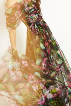Best Oasis Floral Lattice Tuille Drape Shoulder Midi Dress