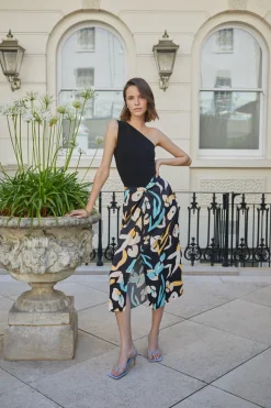 Clearance Oasis Floral Leaf Printed Drape Front Skirt Black