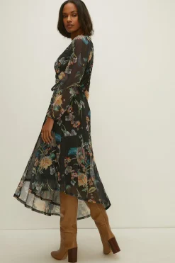 New Oasis Floral Mesh Asymmetric Wrap Midi Dress Pink