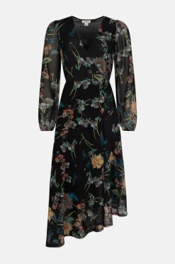 New Oasis Floral Mesh Asymmetric Wrap Midi Dress Pink