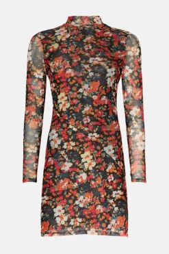 Best Oasis Floral Mesh Funnel Neck Bias Mini Dress Multi