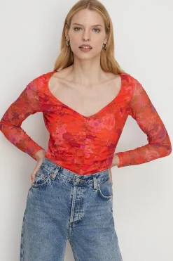New Oasis Floral Mesh Gauged Front Top Red