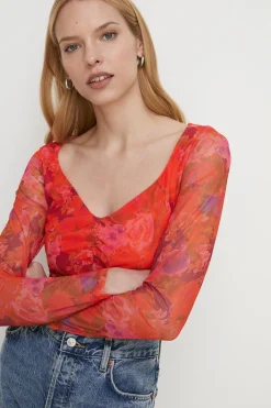 New Oasis Floral Mesh Gauged Front Top Red
