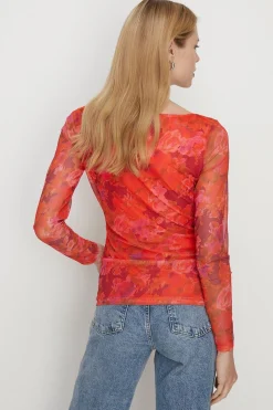 New Oasis Floral Mesh Gauged Front Top Red