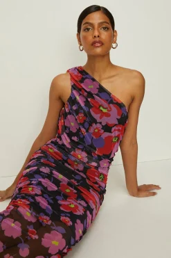 Outlet Oasis Floral Mesh One Shoulder Ruched Midi Dress Black