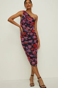 Outlet Oasis Floral Mesh One Shoulder Ruched Midi Dress Black