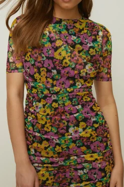 Outlet Oasis Floral Mesh Ruched Mini Dress Multi