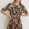 Online Oasis Floral Mesh Shirred Bodice Mini Dress Black