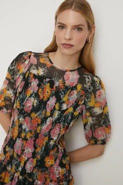 Online Oasis Floral Mesh Shirred Bodice Mini Dress Black