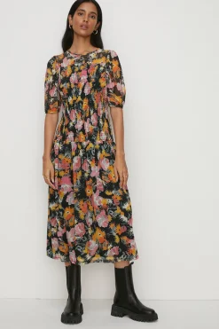 Clearance Oasis Floral Mesh Shirred Bodice Midi Dress Black