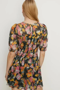Online Oasis Floral Mesh Shirred Bodice Mini Dress Black