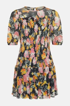 Online Oasis Floral Mesh Shirred Bodice Mini Dress Black