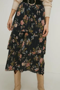 Sale Oasis Floral Metallic Plisse Tired Midi Skirt Multi
