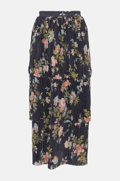 Sale Oasis Floral Metallic Plisse Tired Midi Skirt Multi