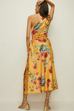 Discount Oasis Floral One Shoulder Cut Out Satin Dress Ochre
