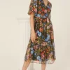Clearance Oasis Floral Organza Wrap Midi Dress Black