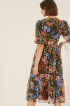 Clearance Oasis Floral Organza Wrap Midi Dress Black