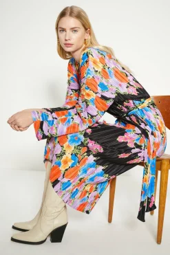 Clearance Oasis Floral Plisse Belted Midi Dress Multi