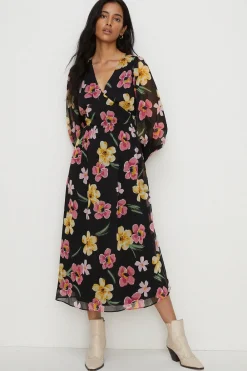 Best Oasis Floral Print Chiffon Midi Dress Black