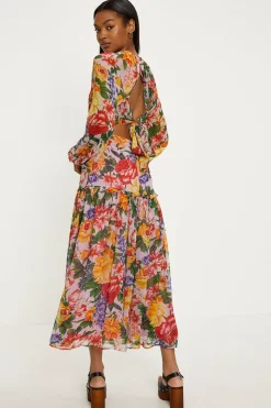 Outlet Oasis Floral Print Chiffon Tie Back Midi Dress Pink