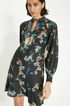 Sale Oasis Floral Print Crepe A-Line Mini Dress Black