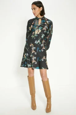 Sale Oasis Floral Print Crepe A-Line Mini Dress Black