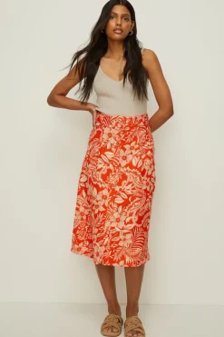 Sale Oasis Floral Print Linen Mix Button Detail Midi Skirt Multi